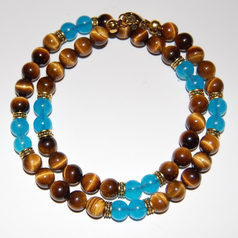 Tiger Eye Necklace,Tiger Eye and Blue Gemstone Beads